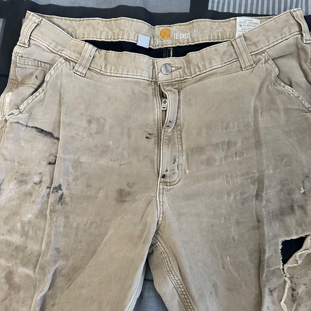 Carhartt Relaxed Fit Work‎ Pants Tan Canvas 38 X 30 Grunge Distressed - Picture 2 of 6